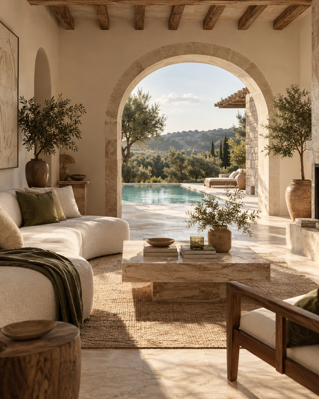 Illustration d’un intérieur méditerranéen ouvert sur une terrasse